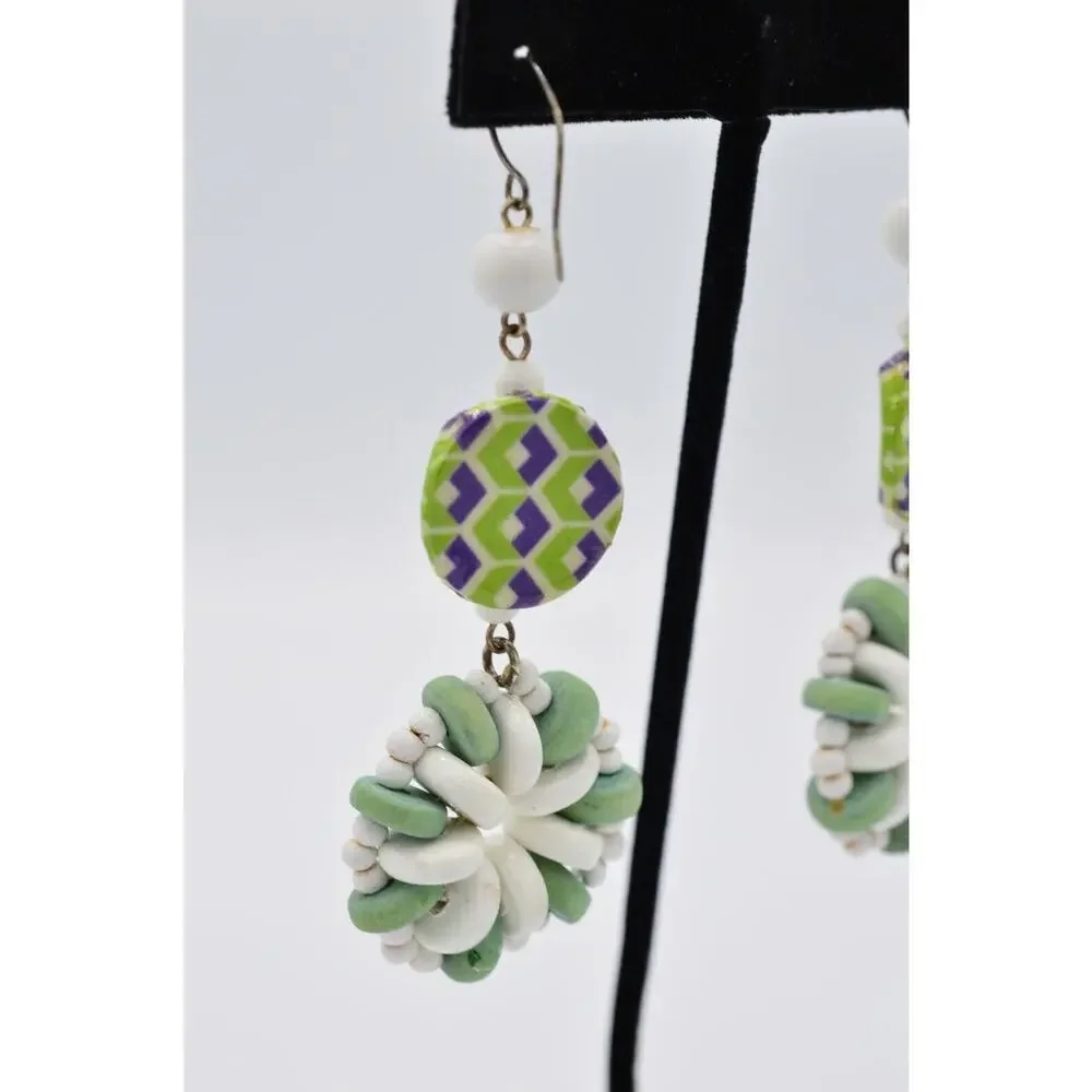 Vintage Statement Earrings Dangle Wooden Beaded Green White Funky 70s 80s 9L